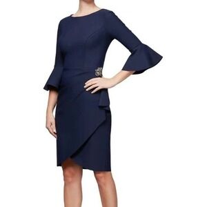 Alex Evenings Navy Blue Contour Collection Bell Sleeve Sheath Cocktail Dress 8